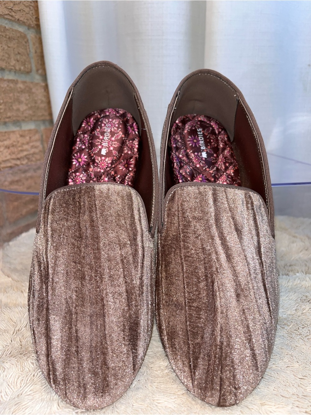 Birdies Starling Velvet Loafers Brown Metallic Round Toe Floral Lining 8